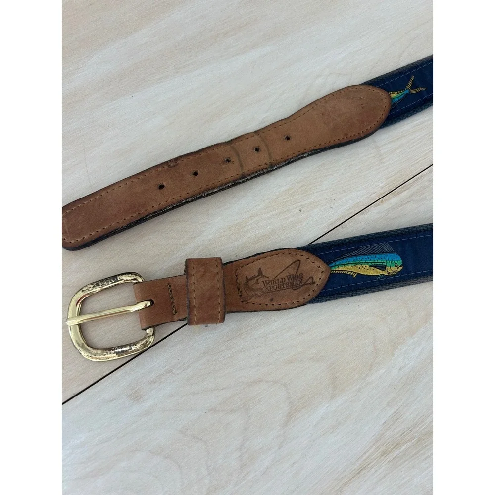 World Wide Sportsman Mens Fish Ribbon Belt Navy Blue Leather Brass Size 38 USA